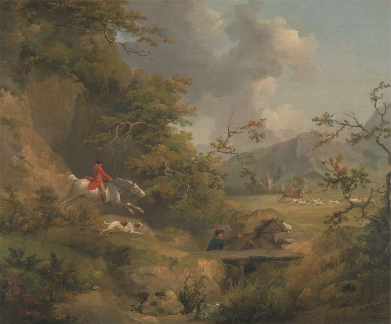 Foxhunting in Hilly Country, oil on canvas by George Morland depicting horses and hounds in a hilly landscape.