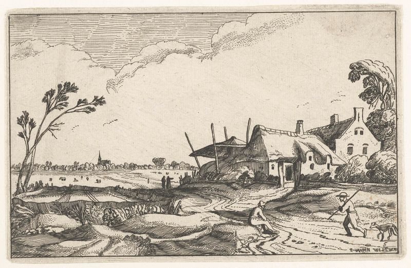 Grabado de paisaje de Unknown Artist que muestra una granja y campos de 1614