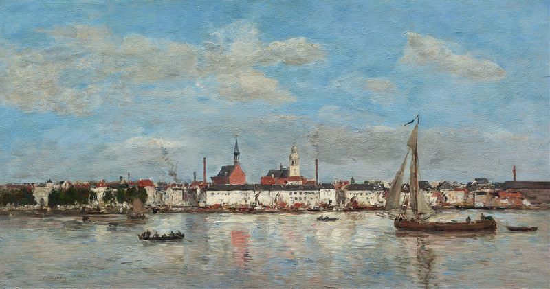 El muelle en Amberes de Eugène Boudin, óleo que muestra barcos en un muelle.
