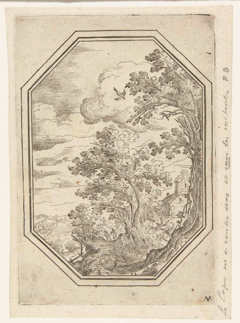 Paisaje con un camino entre árboles, grabado de Paul Bril