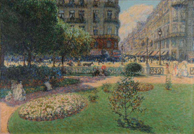 Paisagem de Le Square de la Trinité de Louis Paviot, óleo sobre tela com árvores e luz do sol.