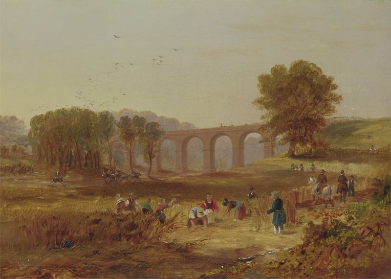 Corby Viaduct by John Wilson Carmichael, oil painting depicting stone arches and a railway landscape.