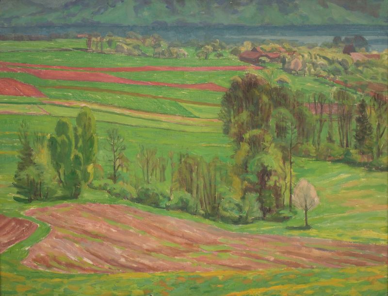 Paisagem que representa a primavera com água e tons pastel de Walther Gamerith