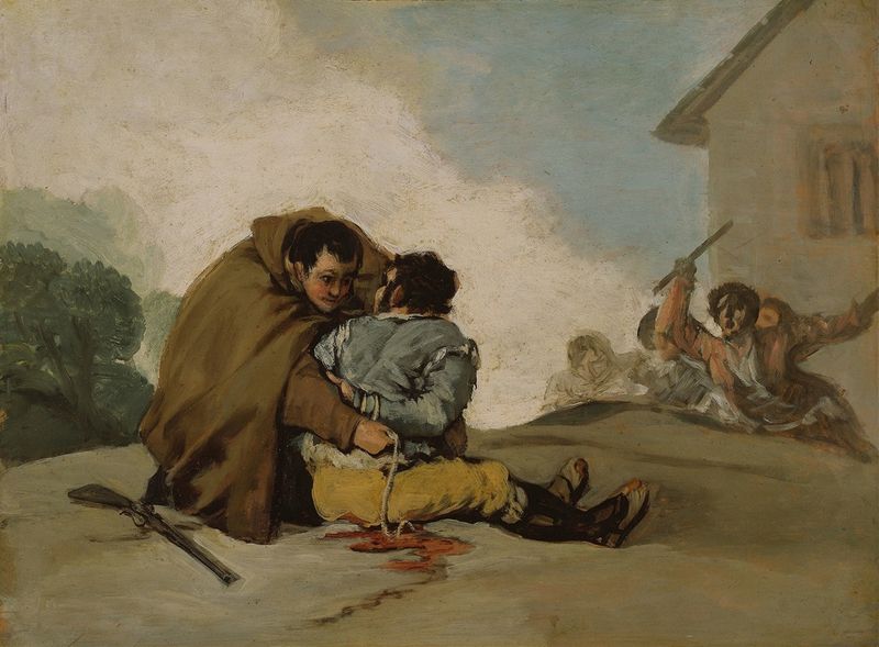 Friar Pedro Binds El Maragato with a Rope, oil on panel by Francisco de Goya