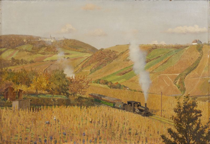 Landscape depicting a cog railway journey by Emanuel Baschny, oil on canvas