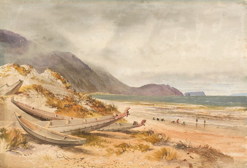 Near Paekakariki, Cook Strait de Nicholas Chevalier, óleo sobre lienzo que muestra colinas y nubes.