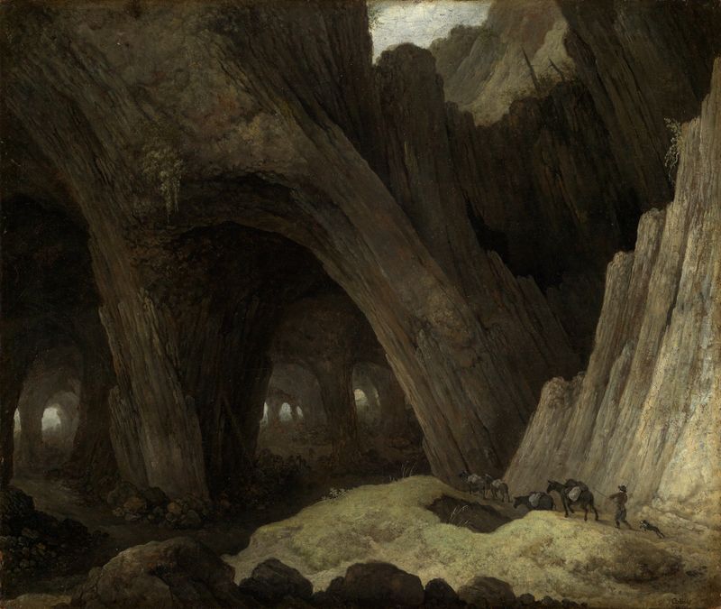 Landscape with mule drivers navigating a cavernous terrain, oil painting by Guillam Dubois