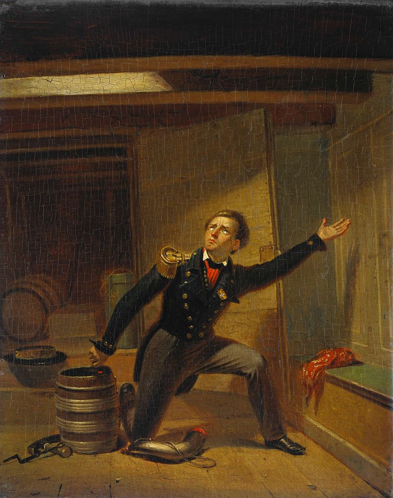 Pintura histórica al óleo de Jacobus Schoemaker Doyer que representa una batalla con humo y llamas.