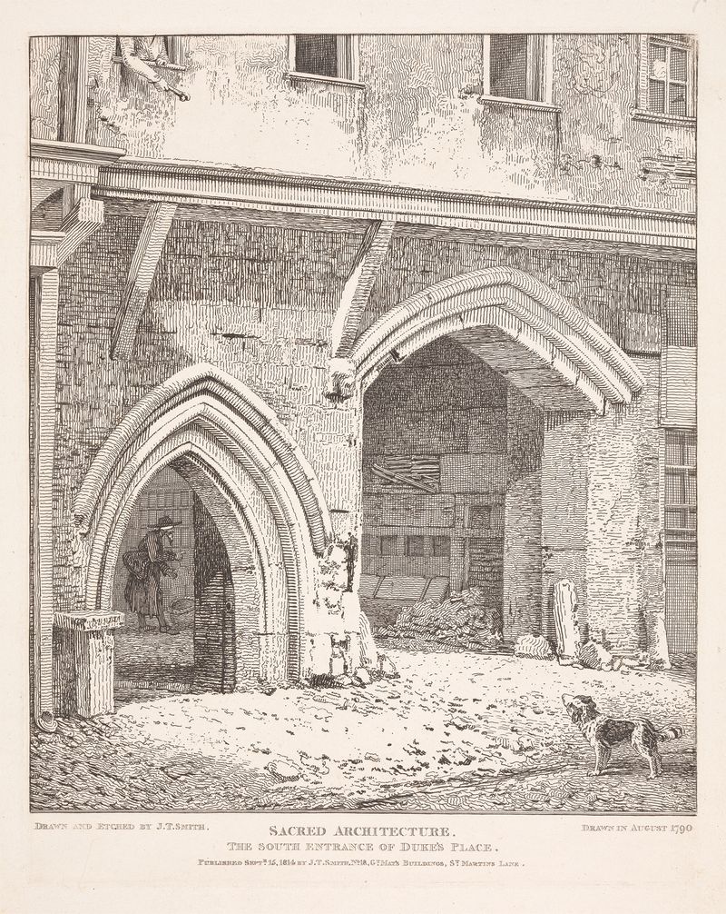 Engraving by John Thomas Smith depicting the South Entrance of Dukes Place with intricate architectural details.