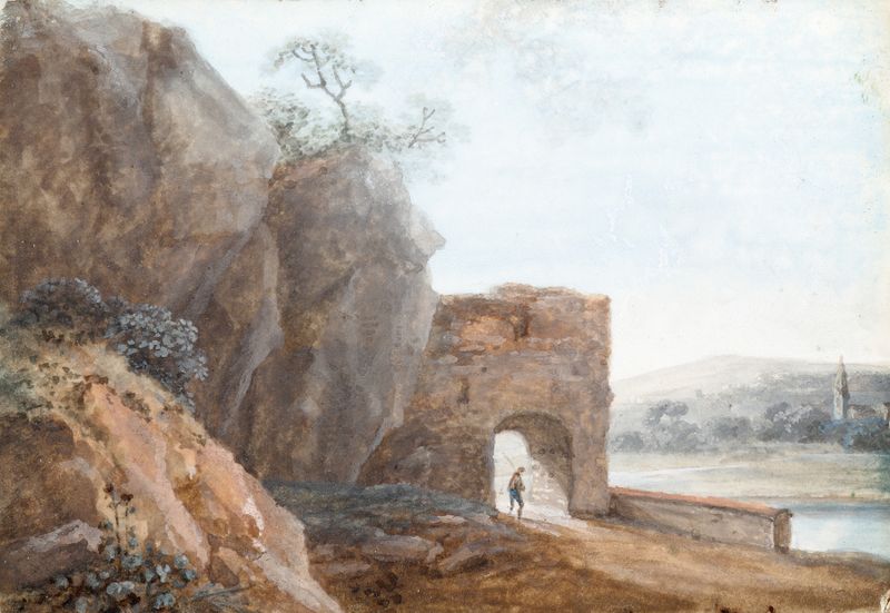 Landschaft de Johann Christian Brand, óleo sobre tela representando uma paisagem serena com colinas e crepúsculo.