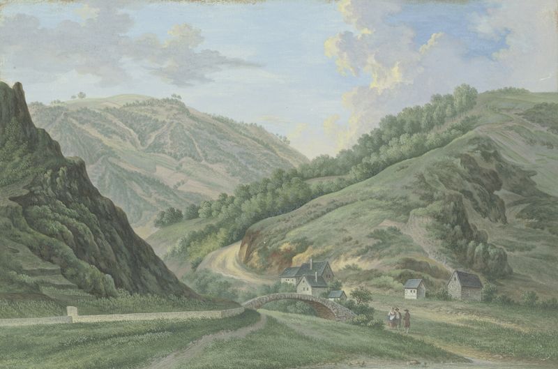 Paisagem com uma ponte e uma vila de Karl Franz Kraul, pintura a óleo