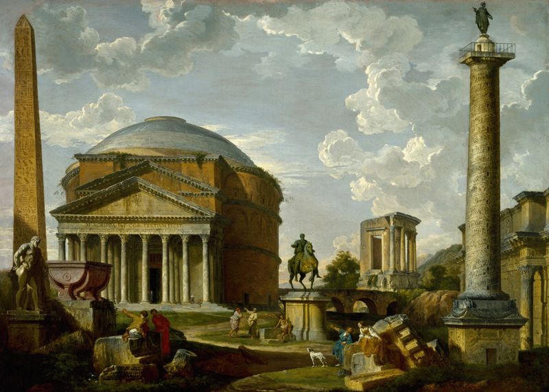 Rococo oil painting by Giovanni Paolo Panini depicting the Pantheon and ancient Roman monuments