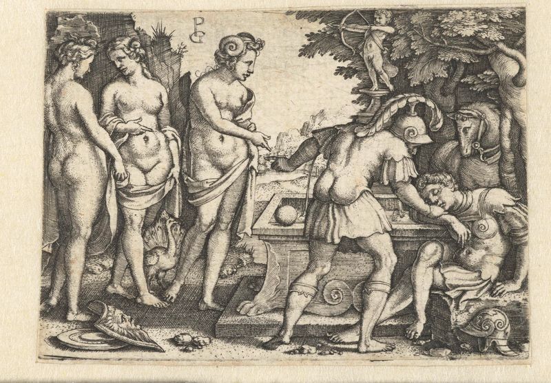 Droom van Paris gravura de Georg Pencz com figuras e arquitetura