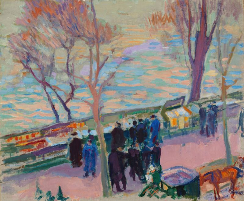 Banks of the Seine de Magnus Enckell, óleo sobre tela retratando uma cena de rio tranquila.