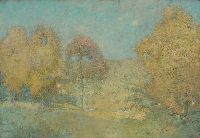 Landscape with a gradient sky and fading moon, oil painting by Emil Carlsen