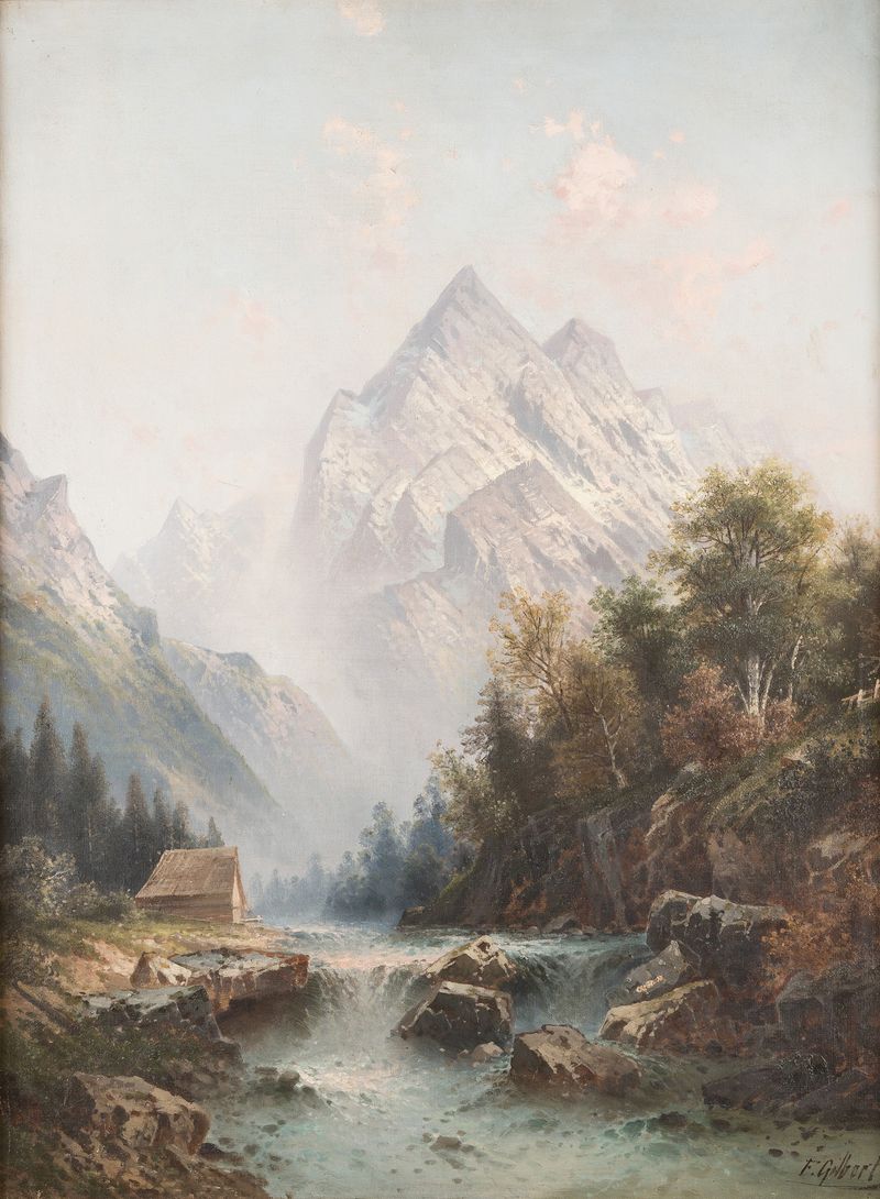 Paisagem com um riacho selvagem nas montanhas por Karl Kaufmann, pintura a óleo