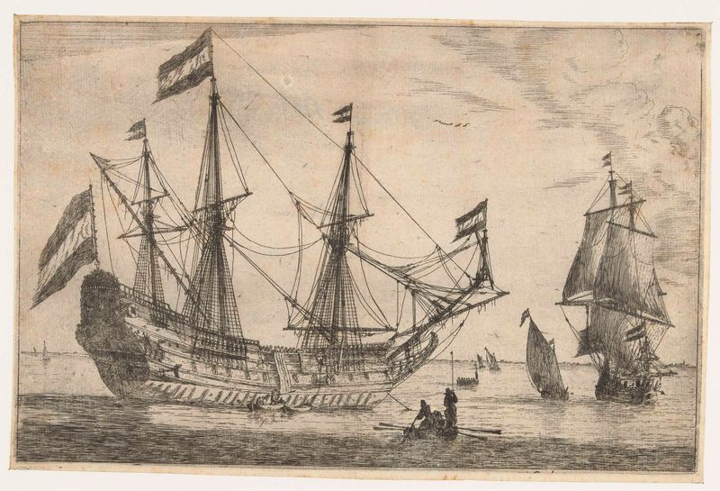 Groot zeilschip en een roeiboot grabado de Reinier Nooms que muestra un barco de vela en un océano tormentoso.