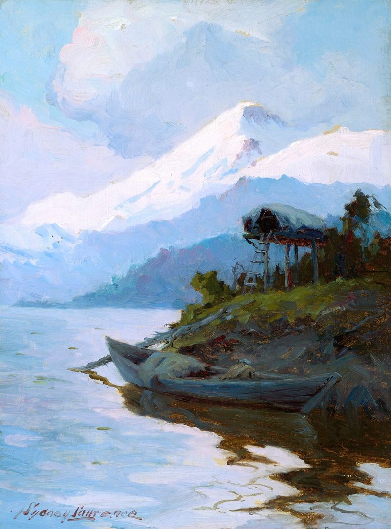 Landscape of Mount Iliamna with water reflections, oil on canvas by Sydney Mortimer Laurence