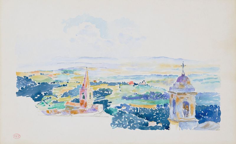 Pérouse, la terrasse by Henri-Edmond Cross, oil on canvas depicting a colorful terrace with figures.