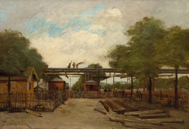 Construction of an elevated railway bridge over the Cours de Vincennes by Paul Désiré Trouillebert, medium unknown.