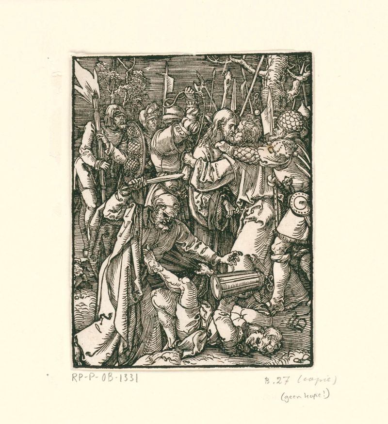 Gevangenneming de Albrecht Dürer, grabado en papel, que muestra a un hombre atado en la oscuridad.