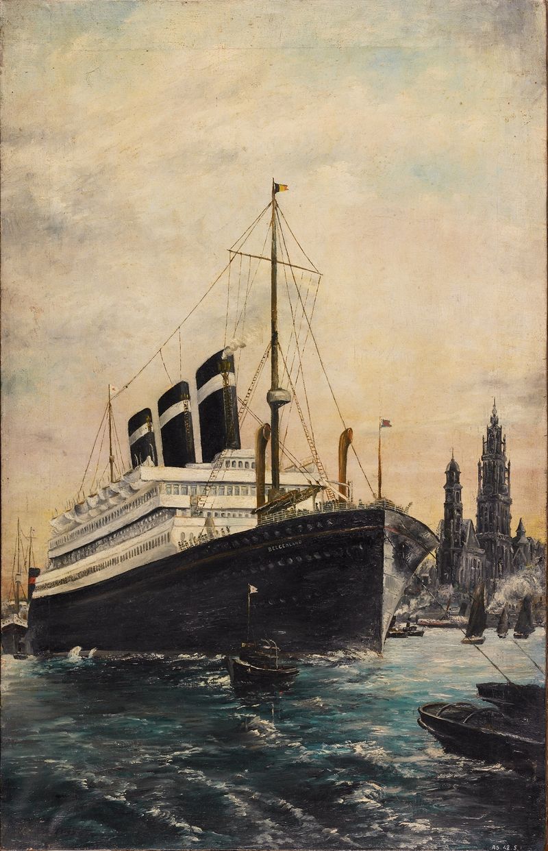 Cena marinha com um navio em um porto de Clement Wouters, 1930
