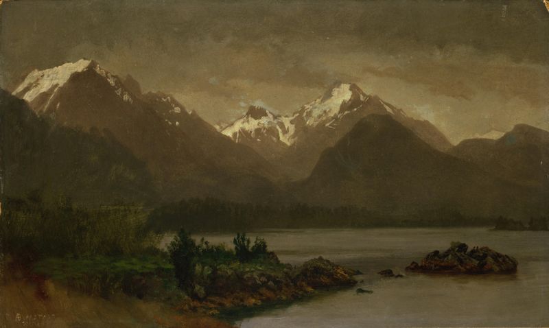 Paisaje con montañas y un lago de Albert Bierstadt, pintura al óleo
