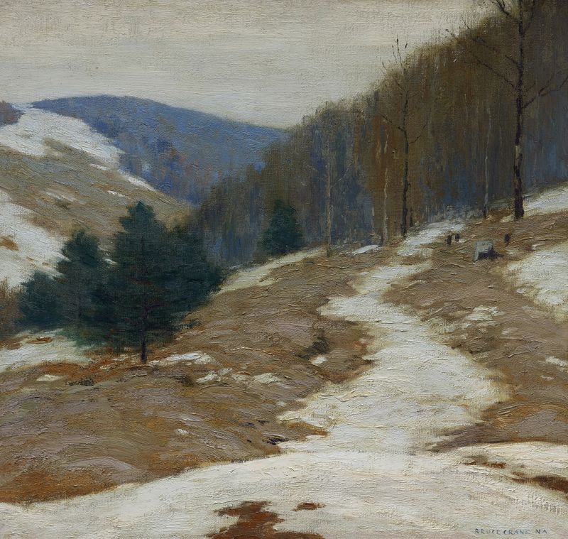 Winter landscape with frost and sunlight by Bruce Crane, oil painting.
