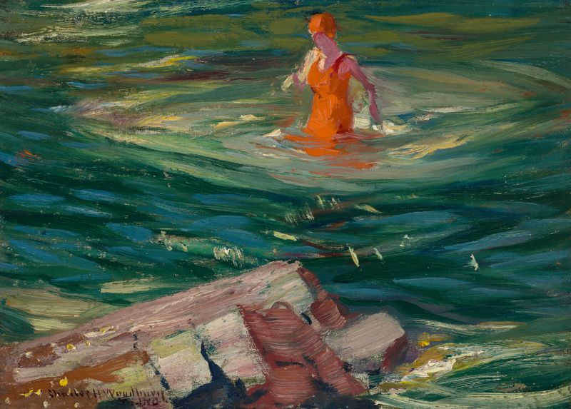 Figurative scene featuring a red bathing suit in water by Charles Herbert Woodbury, Impressionism