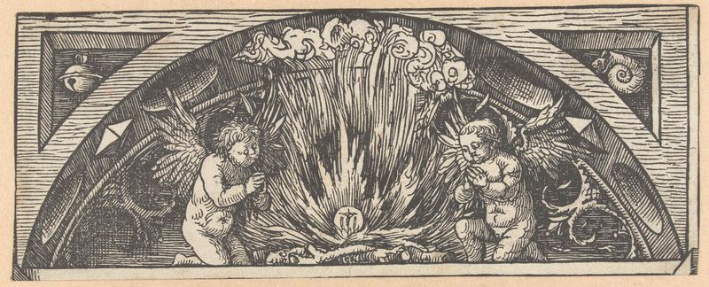 Escena religiosa con una figura luminosa en vestiduras doradas, papel de Jacob Cornelisz van Oostsanen