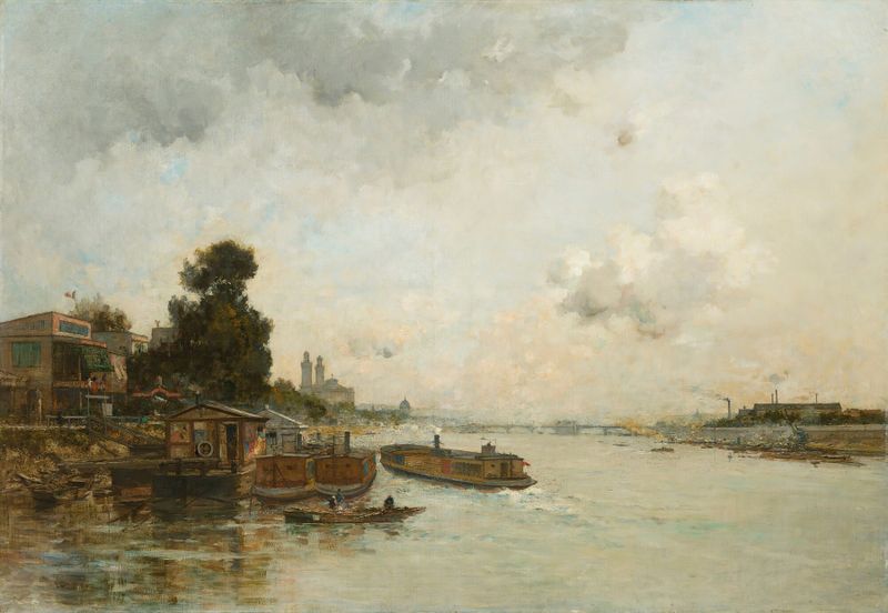 View Of The Seine, Paris by Charles Lapostolet, oil on canvas depicting a serene river scene.