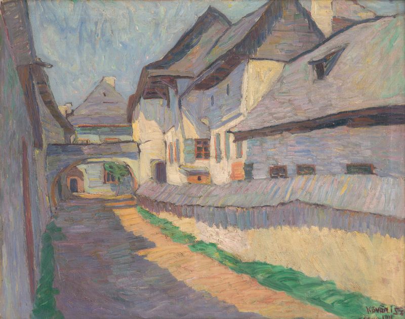 Brána v Kežmarskej ulici, óleo sobre lienzo de Konštantín Kövári-Kačmarik, con un arco y luz.
