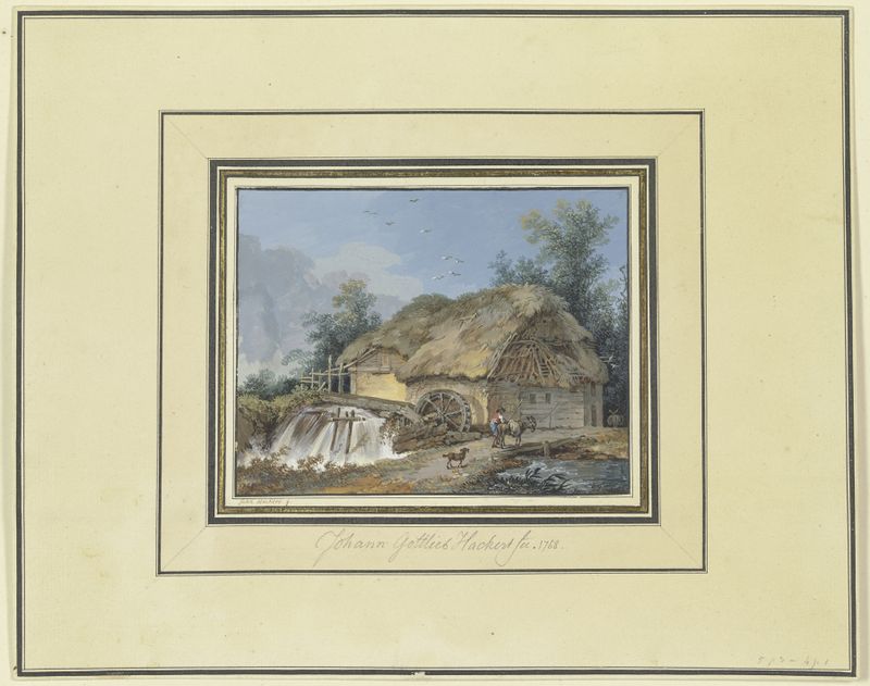 Landscape with a straw-roofed mill, farmer, donkey, and dog by Johann Gottlieb Hackert
