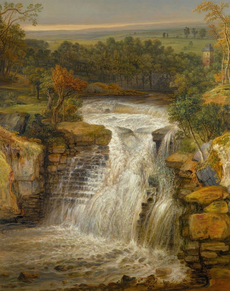 Landscape with turbulent waters in The Falls Of The Clyde After A Flood by James Ward, oil painting