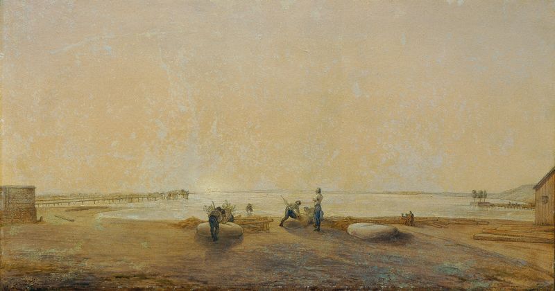 Landschaft am Neusiedlersee de Ludwig Ferdinand Schnorr von Carolsfeld, óleo que retrata uma paisagem serena.