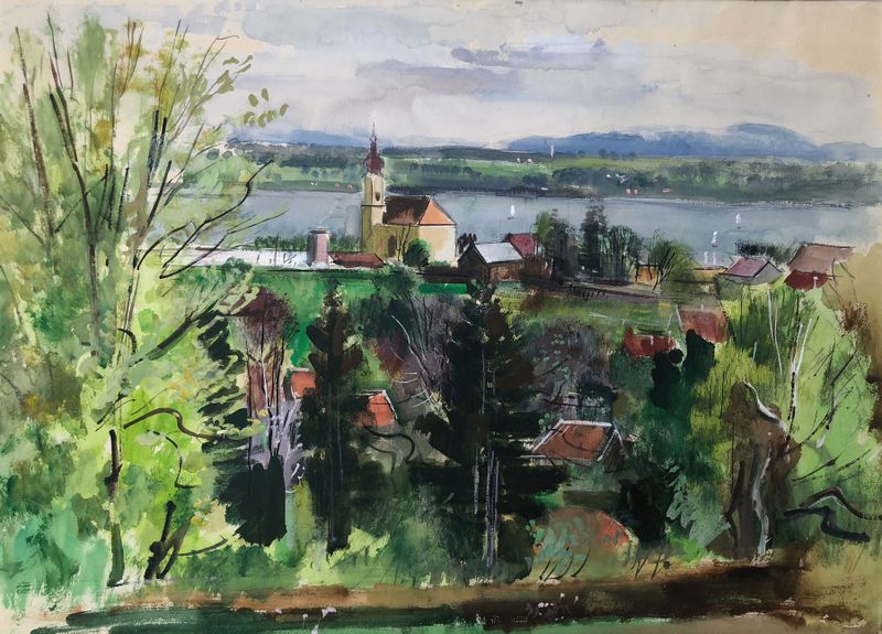 Paisaje de Starnberg von oben, óleo sobre lienzo de Otto Geigenberger