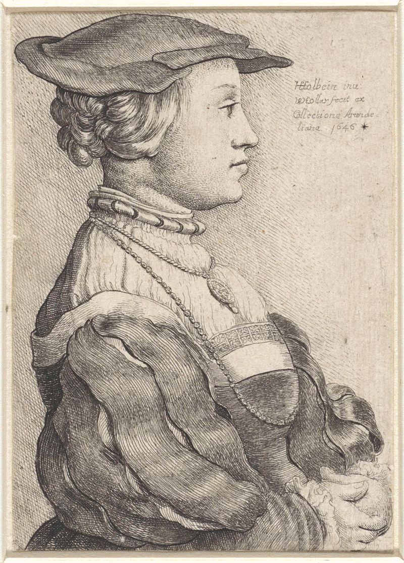 Gravura de uma mulher de perfil usando touca por Wenceslaus Hollar