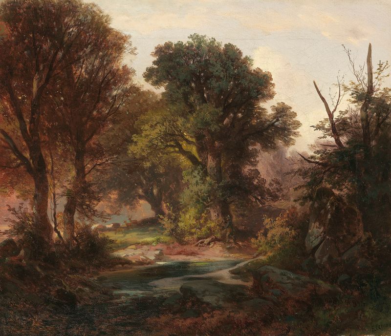 Waldstudie de Ernst Erwin Oehme, óleo sobre lienzo que representa una escena forestal tranquila