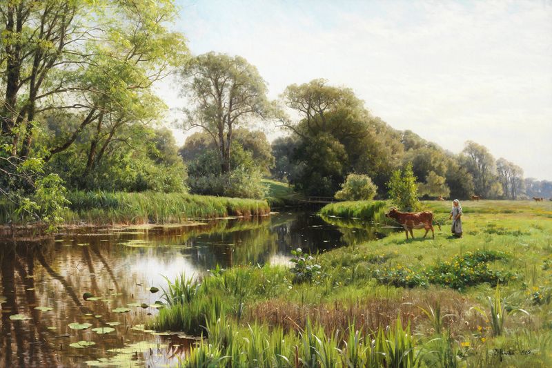 Paisagem de um rio com luz solar salpicada, pintura a óleo de Peder Mørk Mønsted