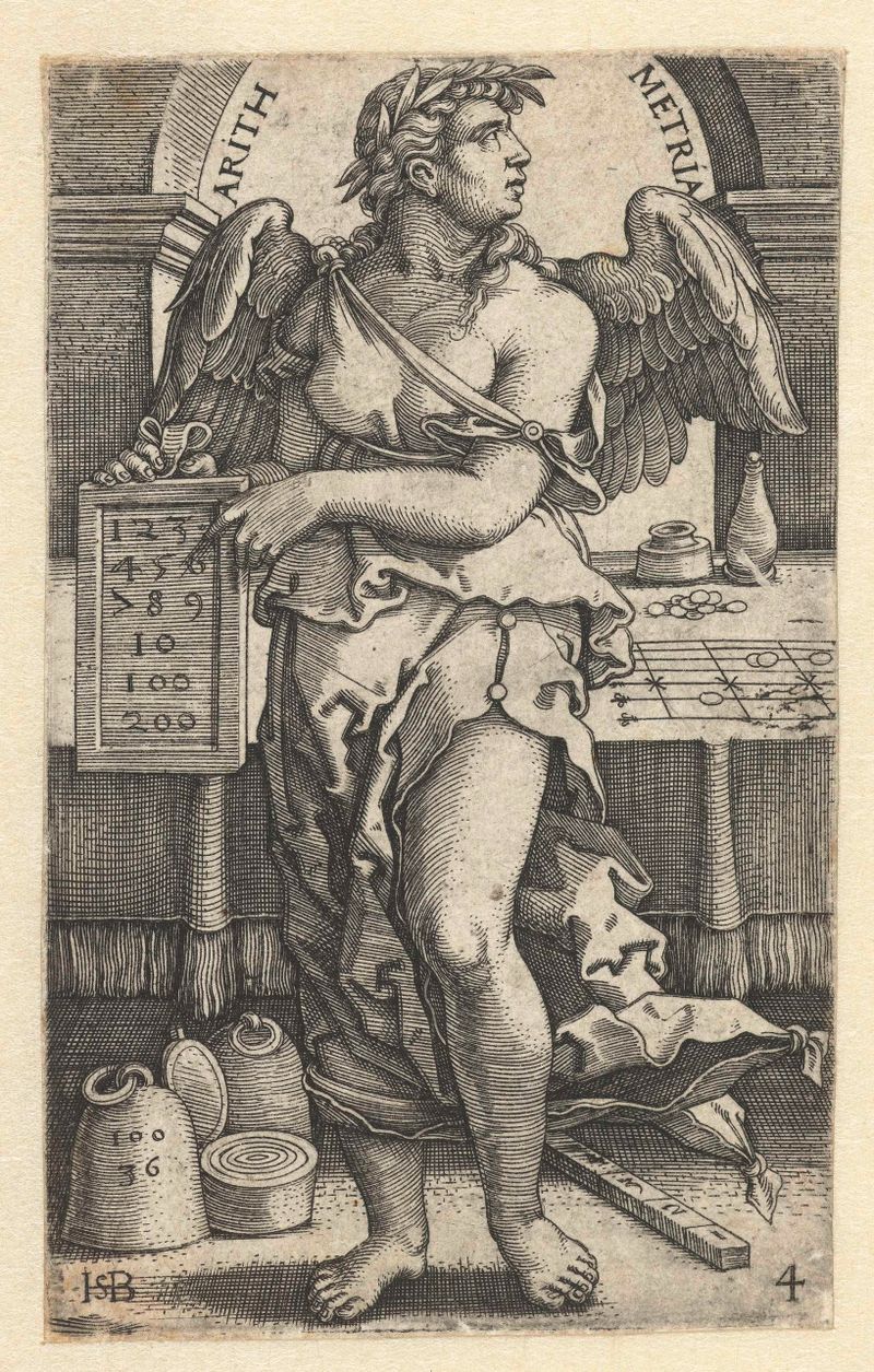 Gravura de Hans Sebald Beham retratando um estudioso com instrumentos matemáticos