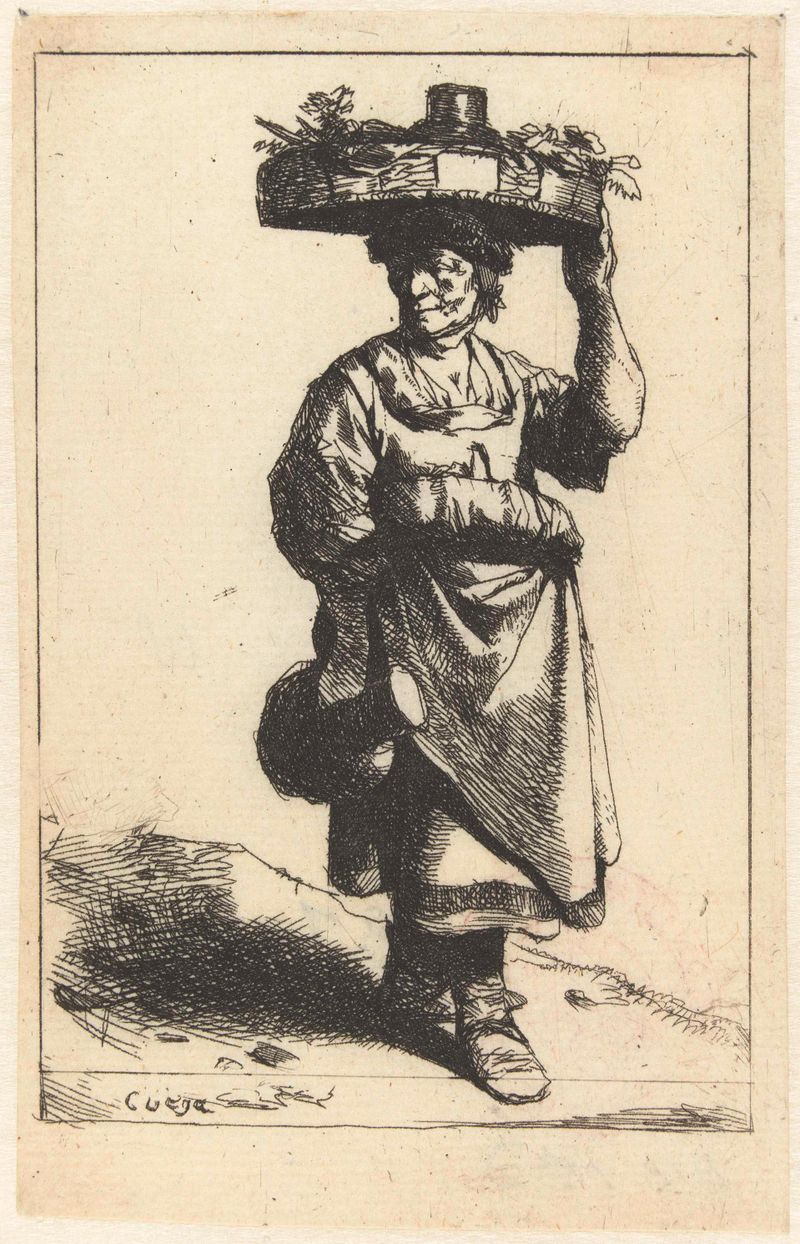 Grabado de Cornelis Pietersz. Bega de una mujer con una jarra y una cesta.