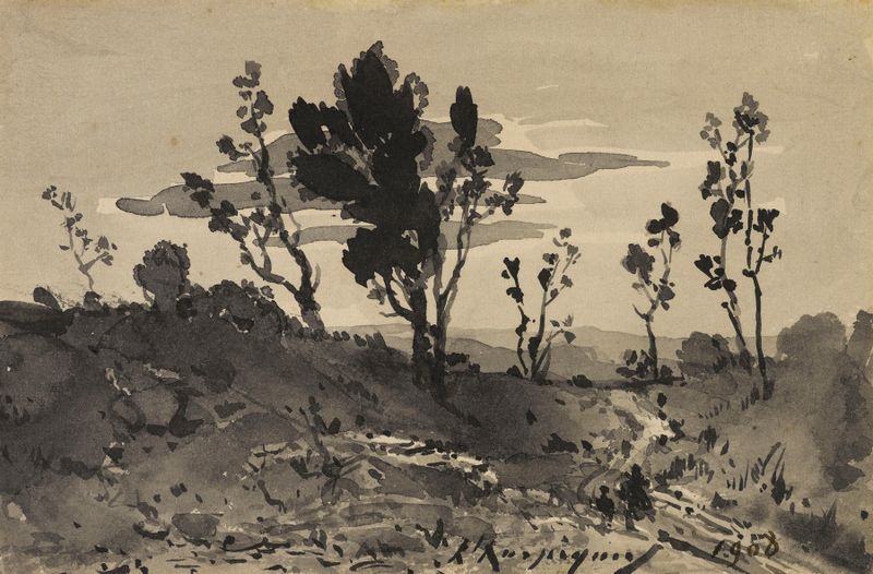 Petit paysage de Henri-Joseph Harpignies, óleo sobre tela que retrata uma paisagem de rio tranquila