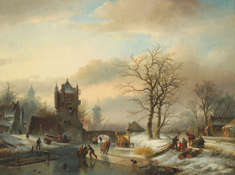 Skaters on a frozen river, oil on canvas by Jan Jacob Spohler