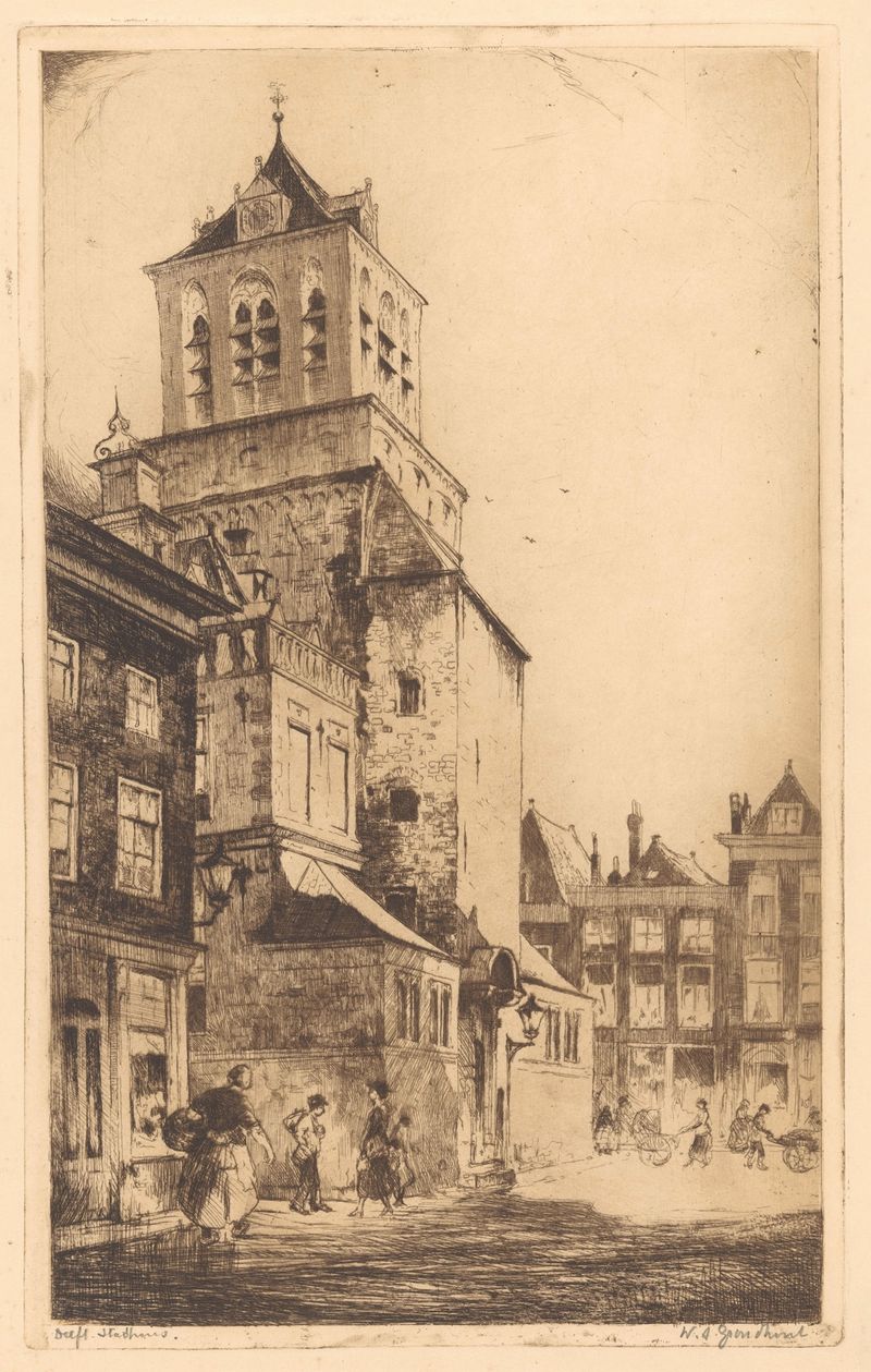 Stadhuis van Delft, oil on canvas by Willem Adrianus Grondhout, depicting the town hall's intricate facade.