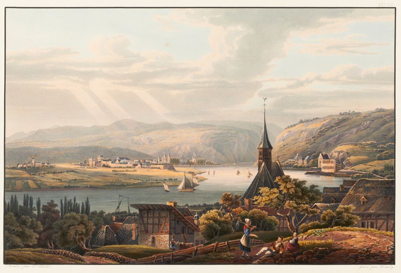 Vue de la ville d’Anderach de Johann Ludwig Bleuler, óleo sobre tela que retrata uma paisagem ao crepúsculo.