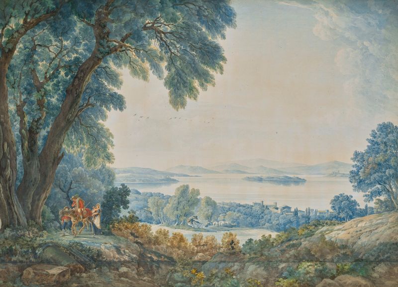 Landscape with a lake and figures by Abraham-Louis-Rodolphe Ducros, medium unknown