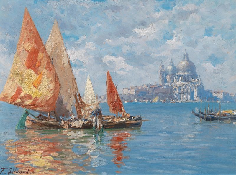 Barcos de pesca en Venecia, óleo sobre lienzo de Ferdinando Silvani