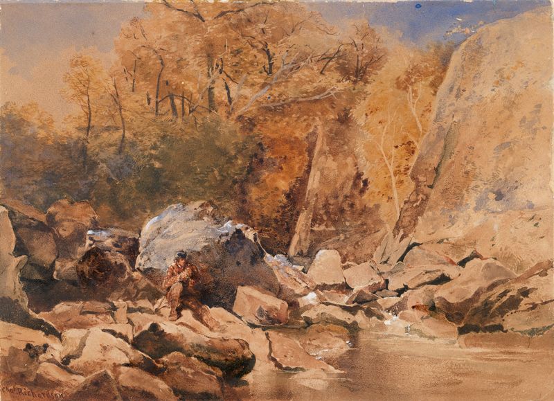 On the River Bracklinn, óleo sobre lienzo de Charles Richardson, que representa un río tranquilo con follaje.