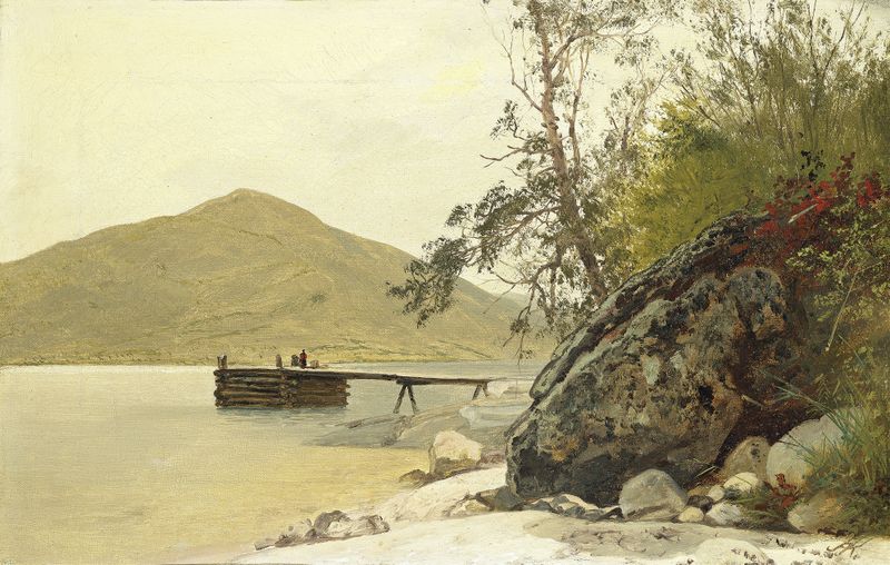 Landing at Sabbath Day Point, oil on canvas by John Frederick Kensett, depicting a tranquil lake and mountains.