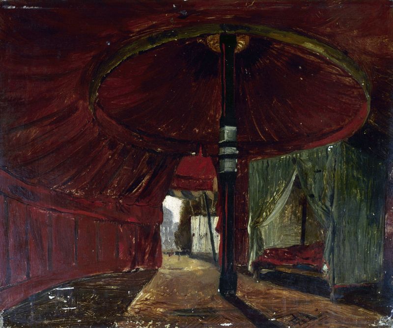 Interior de uma tenda com têxteis ornamentais, pintura a óleo de Jacques Guiaud